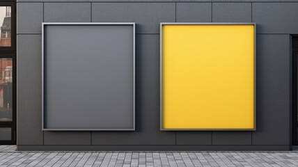 Photo Mockup template with two blank metallic gray and yellow or Photo blank picture frame on the wall in pastel living room