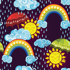 Fairytale Weather Forecast Seamless Pattern. Endless Texture with Rainy Day, Smiling Suns, and Rainbows. Fantasy Cartoon Design on Dark Background. Vector Contour Illustration. Abstract Art
