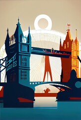 Tower Bridge London Travel Illustration, England Tourism Concept, Graphic Art, Abstract AI Generative Content