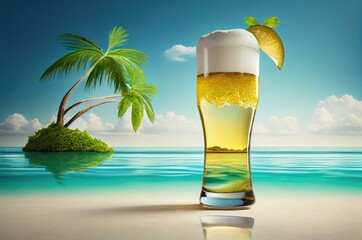 Beer On The Beach With Palm Tree Generative AI