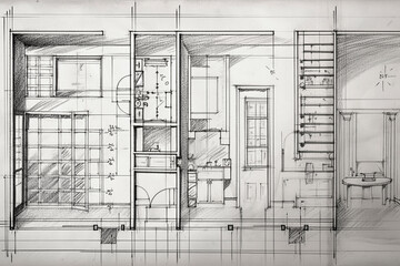 Generative AI illustration of Architectural plans, drawings, pencil sketches, paper textures, book pages, floor plans