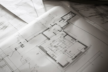 Generative AI illustration of Architectural plans, drawings, pencil sketches, paper textures, book pages, floor plans