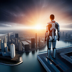 Ai as a humanoid look at the future city ai generated