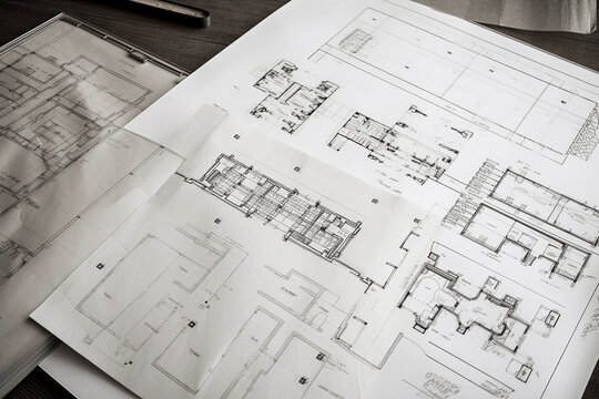 Generative AI illustration of Architectural plans, drawings, pencil sketches, paper textures, book pages, floor plans