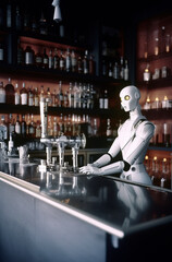 Obraz premium Generative AI illustration of artificial intelligence dressed as a bartender working shaking a cocktail shaker