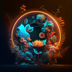 glowing neon cyberpunk light circle on the background of fluorescent light flowers leaves. Abstract neon glow frame sign in the shape of a circle with flowers. Ai generated