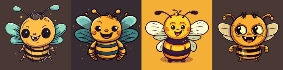 Flat color vector of happy bee set collection