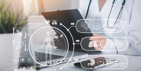 Doctor Day Concept. Nurse in uniform with doctor stethoscope writing information of patient prescription medical in paperwork checklist on clipboard on front laptop, Medical and Health care insurance