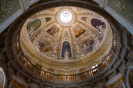 Vicenza, Italy - August 13 2022: Villa La Rotonda or Almerico Capra Valmarana desigend by Andrea Palladio Interior Cupola with Frescoes by Allessandro Maganza.