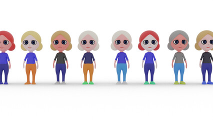 group of 3d people in a row