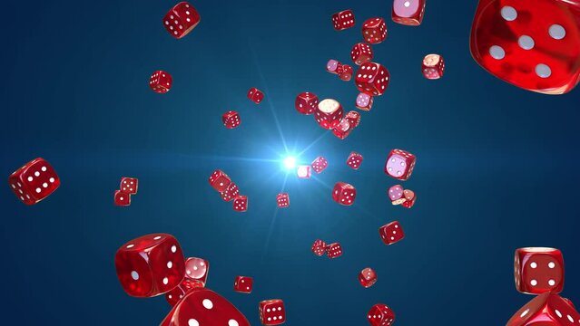 Lots of glass red dices fly to the camera for bet wallpaper. 3D render 4K