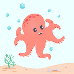 cartoon cute watercolor red octopus
