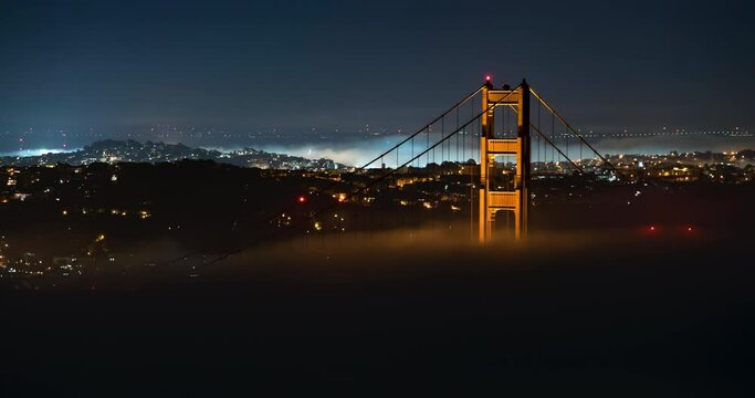 Timelapse Lockdown Of A The Golden Gate Bridge Through Thick Rolling Fog - San Francisco, California