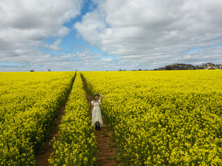 Woman walking through a field of yellow canola flowers - 587947919