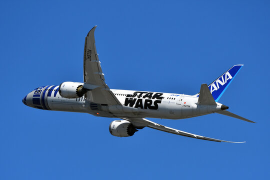 Tokyo, Japan - March 19, 2023: All Nippon Airways (ANA) Boeing B787-9 Dreamliner (JA873A) passenger plane. Star Wars R2-D2 scheme.