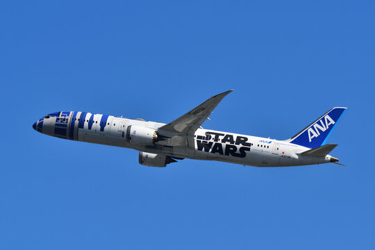 Tokyo, Japan - March 19, 2023: All Nippon Airways (ANA) Boeing B787-9 Dreamliner (JA873A) passenger plane. Star Wars R2-D2 scheme.