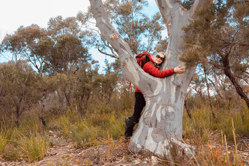 Female hug a grand old gum tree in Australian bushland - 587948138