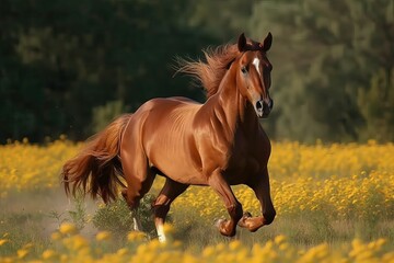 Horse in motion among vibrant flowers