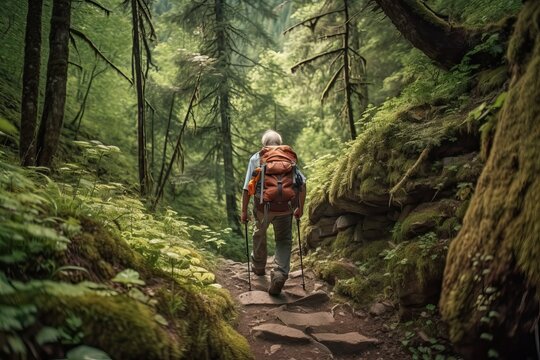 Elderly Person Exploring Nature on Scenic Hiking Trails (Ai generated)