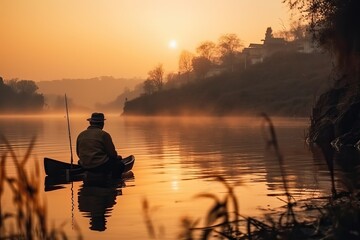 Naklejka na ściany i meble Man Fishing at Sunset in a Peaceful Sunset Lake (Ai generated) (Ai generated)