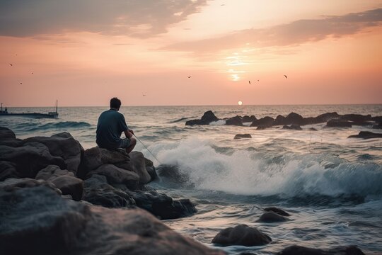 Man Fishing at Sunset in a sea (Ai generated)