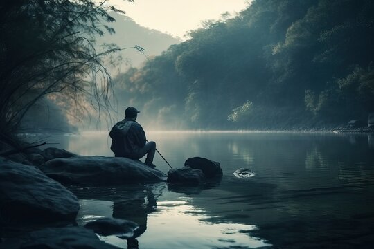 Man Fishing at Sunset in a Peaceful Lake (Ai generated)