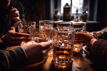 People toasting whiskey glass, celebration