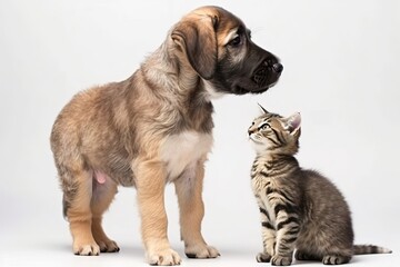 Puppy and tabby kitten stand together and look away (Ai generated)