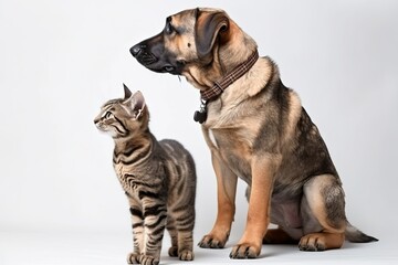 Puppy and tabby kitten stand together and look away (Ai generated)