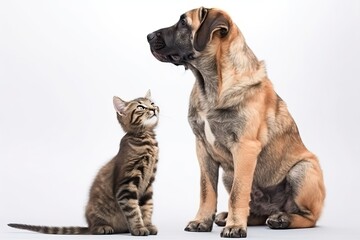 Fototapeta premium Puppy and tabby kitten stand together and look away (Ai generated)