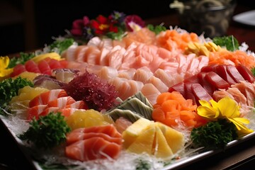Sashimi salmon and many fish platter, arranged on a bed of ice
