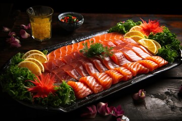 Sashimi salmon platter, arranged on a bed of ice
