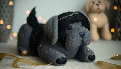 Cute toy dog Shar Pei with wings. Designer work from expensive textiles. Character for children's fairy tales and books. Generative artificial intelligence.