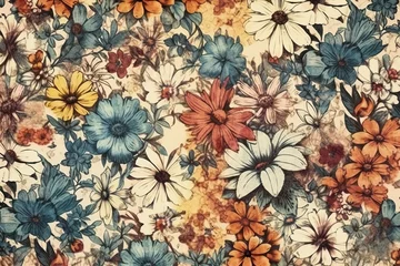 Wandaufkleber Flower watercolor, Vintage flora full background pattern (Ai generated) © thesweetsheep