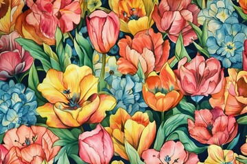 Tulip, vintage flower art watercolor full background (Ai generated)