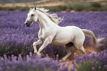 White horse galloping in lavender field (Ai generated) - obrazy, fototapety, plakaty