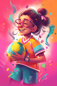 3D Digital Painting of Young Girl in Soccer Kit: Cute and Beautiful Football Player Portrait, Holding a Ball, in Pastel Neon Colour. Generative AI