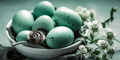 Easter colored eggs on plate with green branches, flowers blossom on a turquise, mint background.Happy Easter concept.banner template cover.Top view.Easter promotion and shopping poster. Generative ai