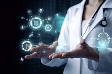 Doctor with stethoscope and Ui icon medical with advanced robotic are precision on virtual interface, Future of healthcare, Medical, Science and Technology - Generative AI