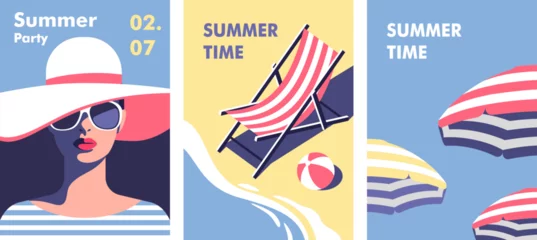 Poster Summer time. Concept of summer party and travel. Perfect background on the theme of season vacation, weekend, beach. Vector illustration in minimalistic style for posters, cover art, flyer, banner. © faber14