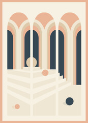 Minimalist architecture poster illustration in pastel colors. Modern abstract style. Moroccan scene.