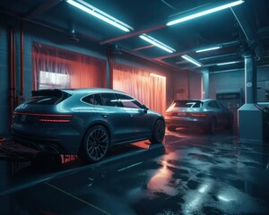 Futuristic Car Wash Background Wallpaper. Generative AI