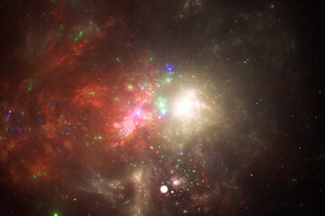 Red yellow clouds of stardust in black space. Abstract fractal 3D rendering