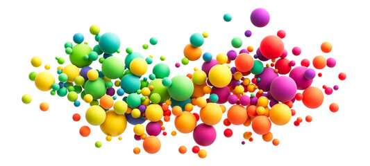 Abstract composition with colorful random flying spheres isolated on transparent background. Colorful rainbow matte soft balls in different sizes. PNG file - obrazy, fototapety, plakaty