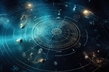 outer space environment, semi transparent astrology symbols, background design, ai generative