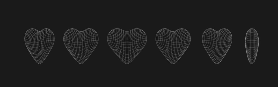 Wireframe 3D heart geometric figures isolated in different positions. . Virtual reality elements.