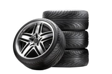 A set of summer wheels, tires and discs a stack of isolates.