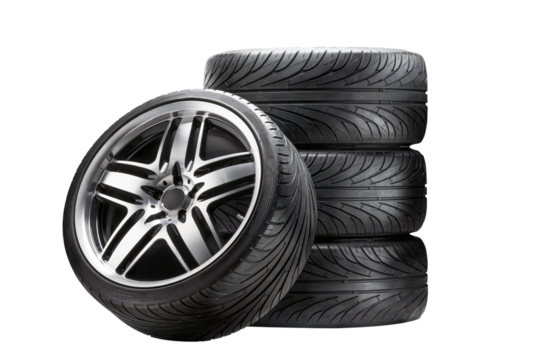 A set of summer wheels, tires and discs a stack of isolates.