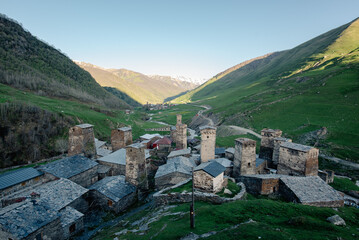 View of the old Svanese fortified village of Usghuli in the mountains of the Caucasus/Georgia