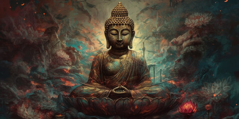 Buddha sitting in lotus position Surreal Digital Illustration  Generated AI
